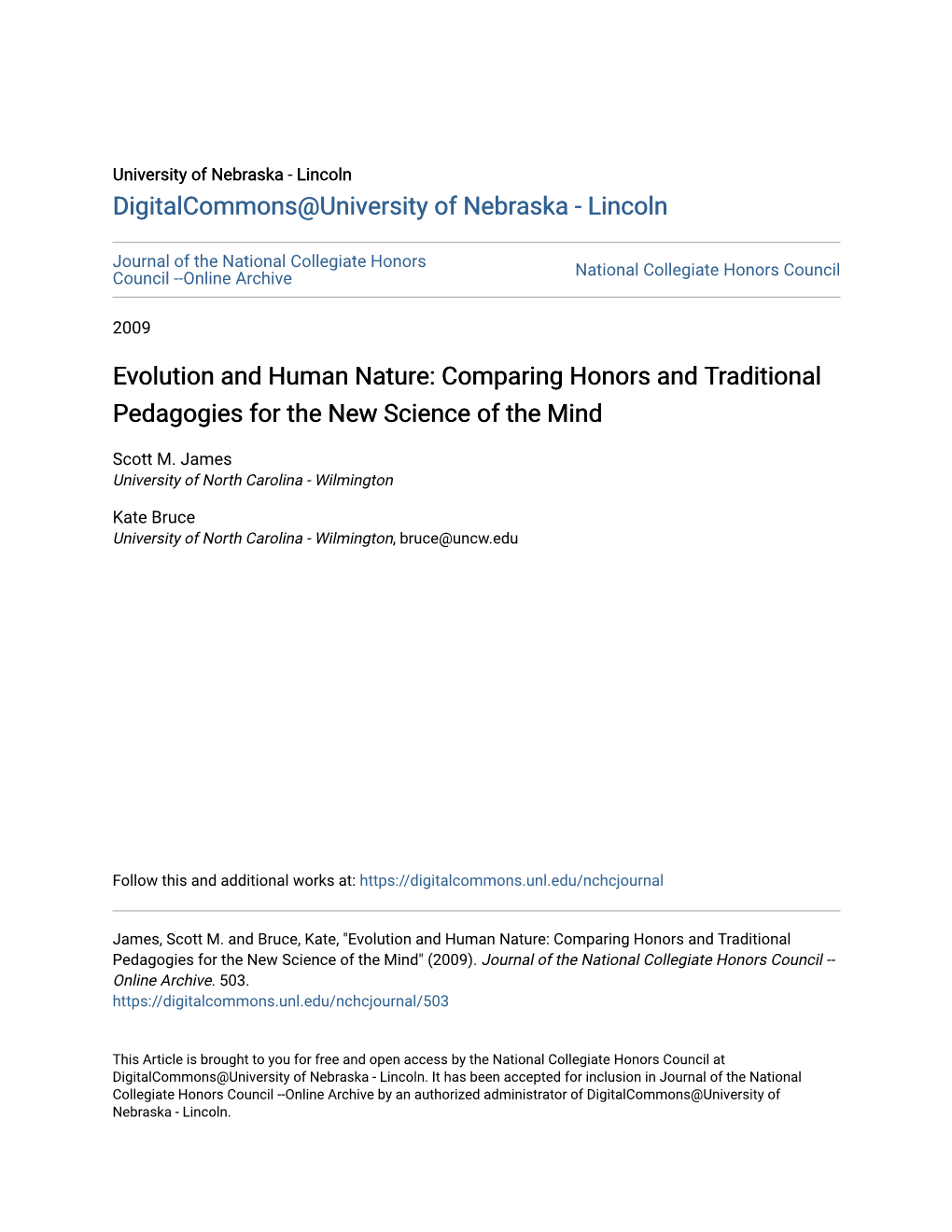 Evolution and Human Nature: Comparing Honors and Traditional Pedagogies for the New Science of the Mind