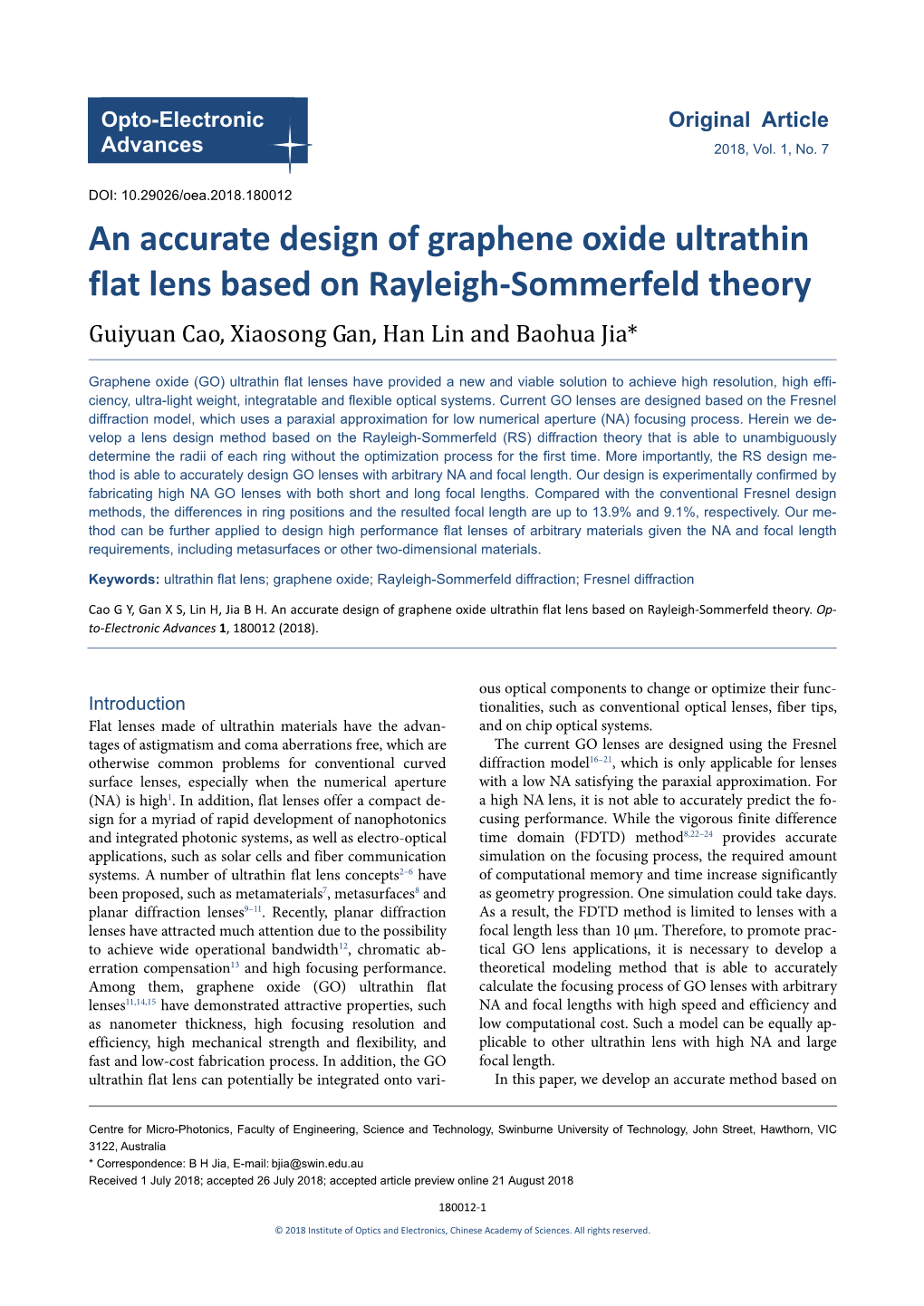 An Accurate Design of Graphene Oxide Ultrathin Flat Lens Based on Rayleigh-Sommerfeld Theory