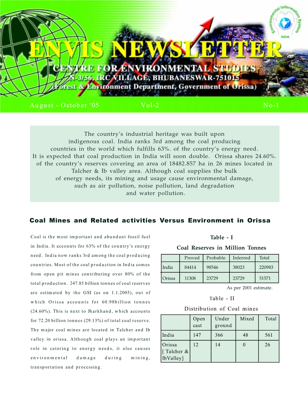 Coal Mines and Related Activities Versus Environment in Orissa