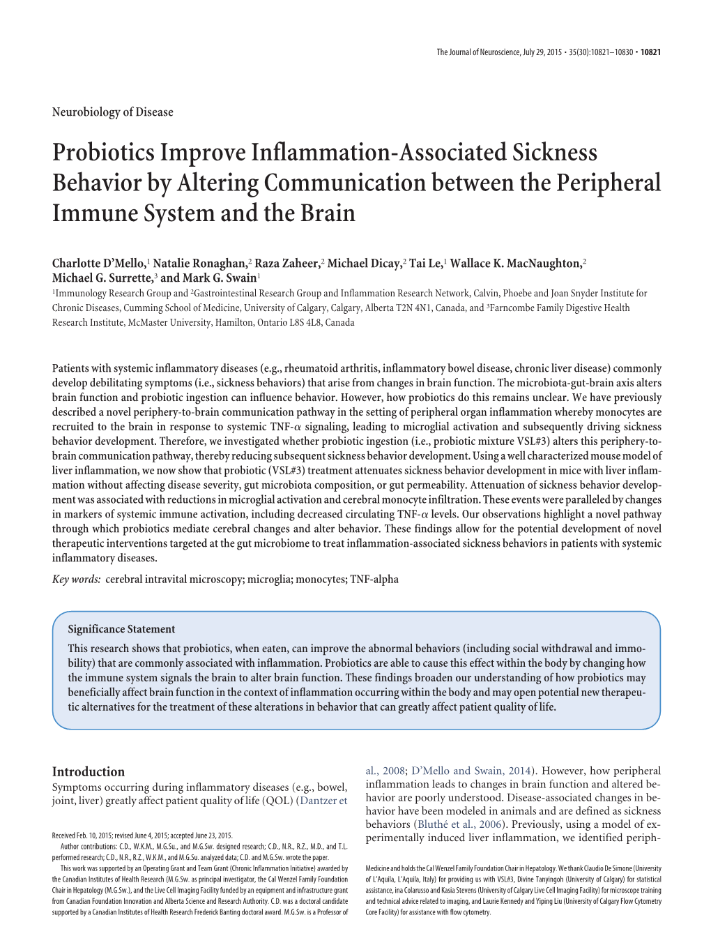 Probiotics Improve Inflammation-Associated Sickness Behavior by Altering Communication Between the Peripheral Immune System and the Brain