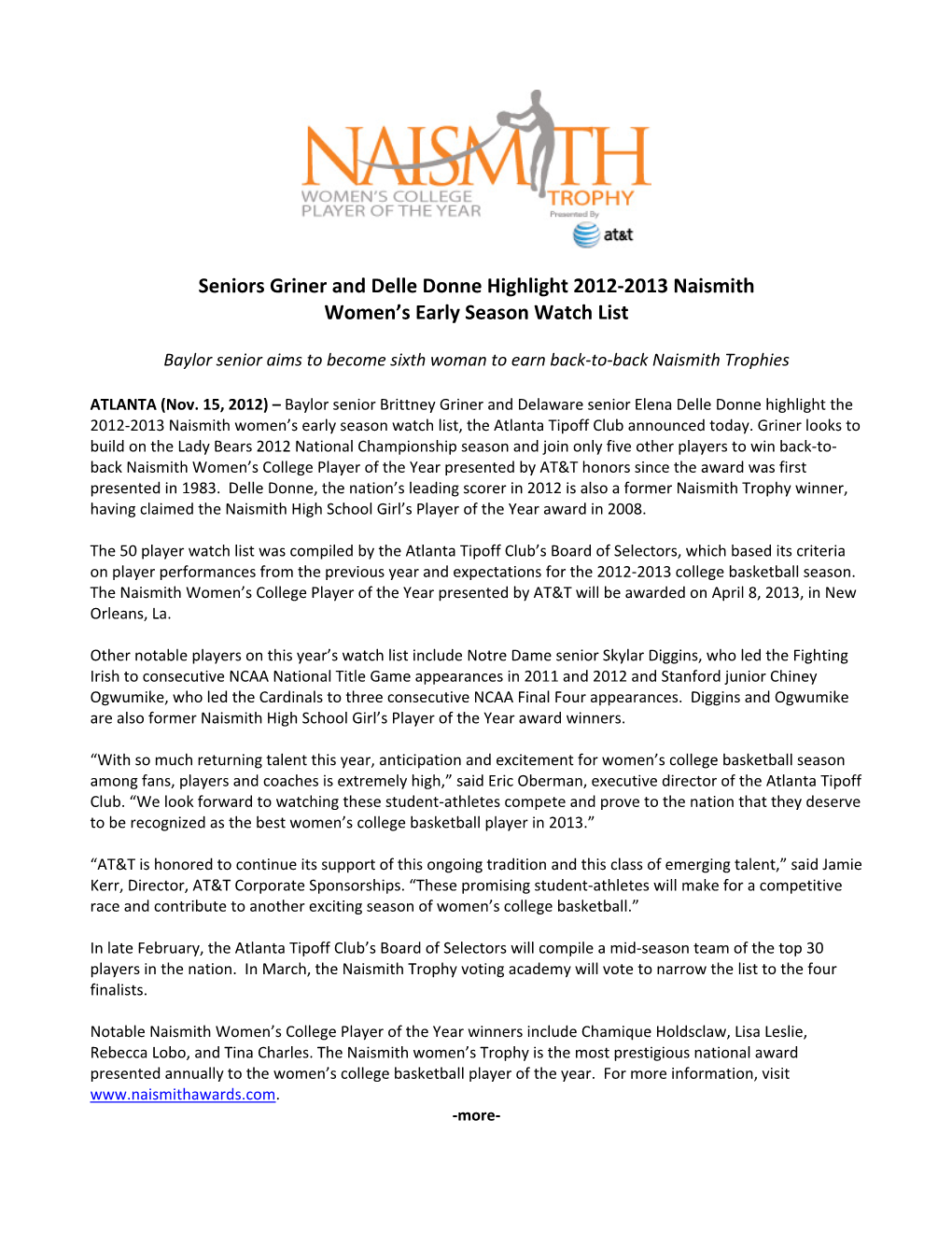 Seniors Griner and Delle Donne Highlight 2012-2013 Naismith