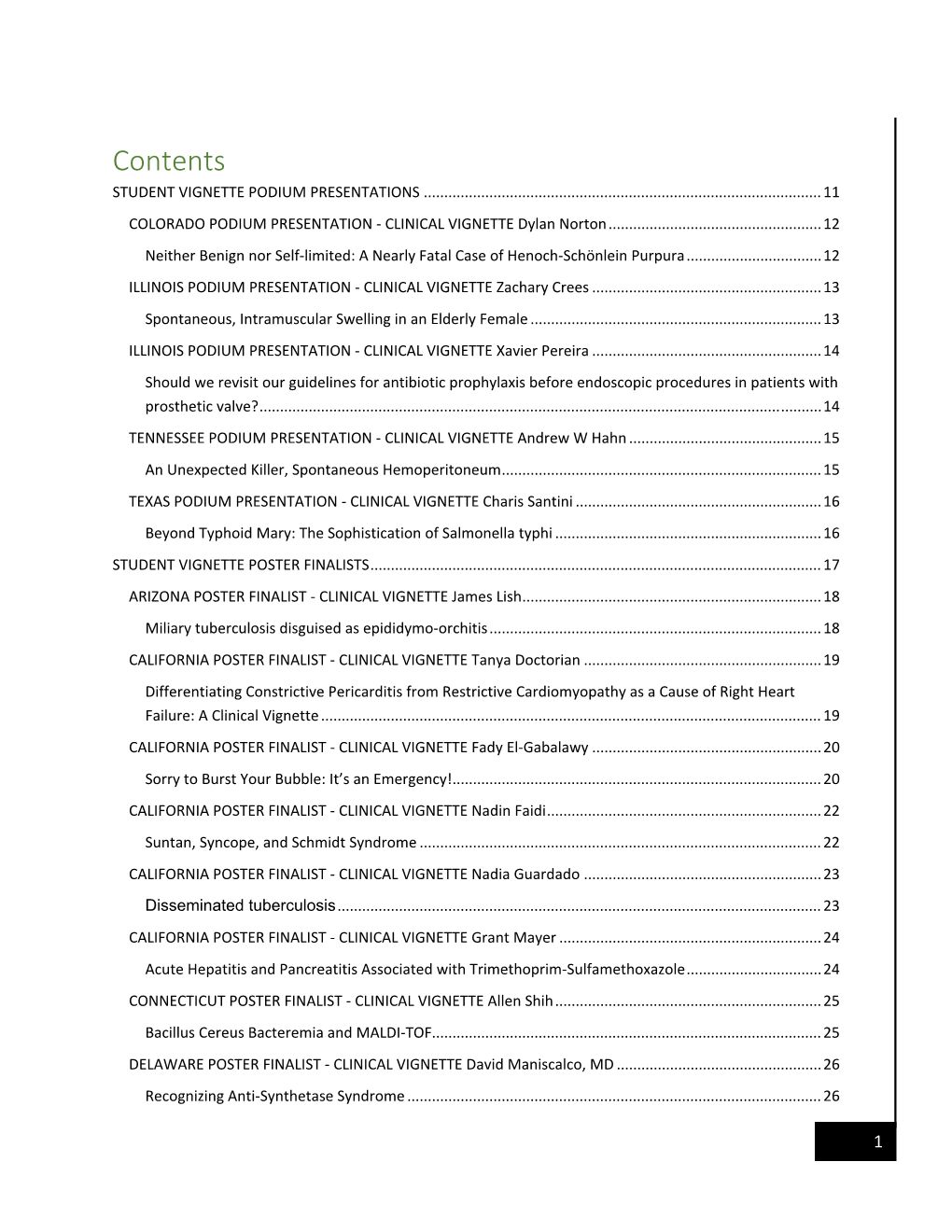 Contents STUDENT VIGNETTE PODIUM PRESENTATIONS