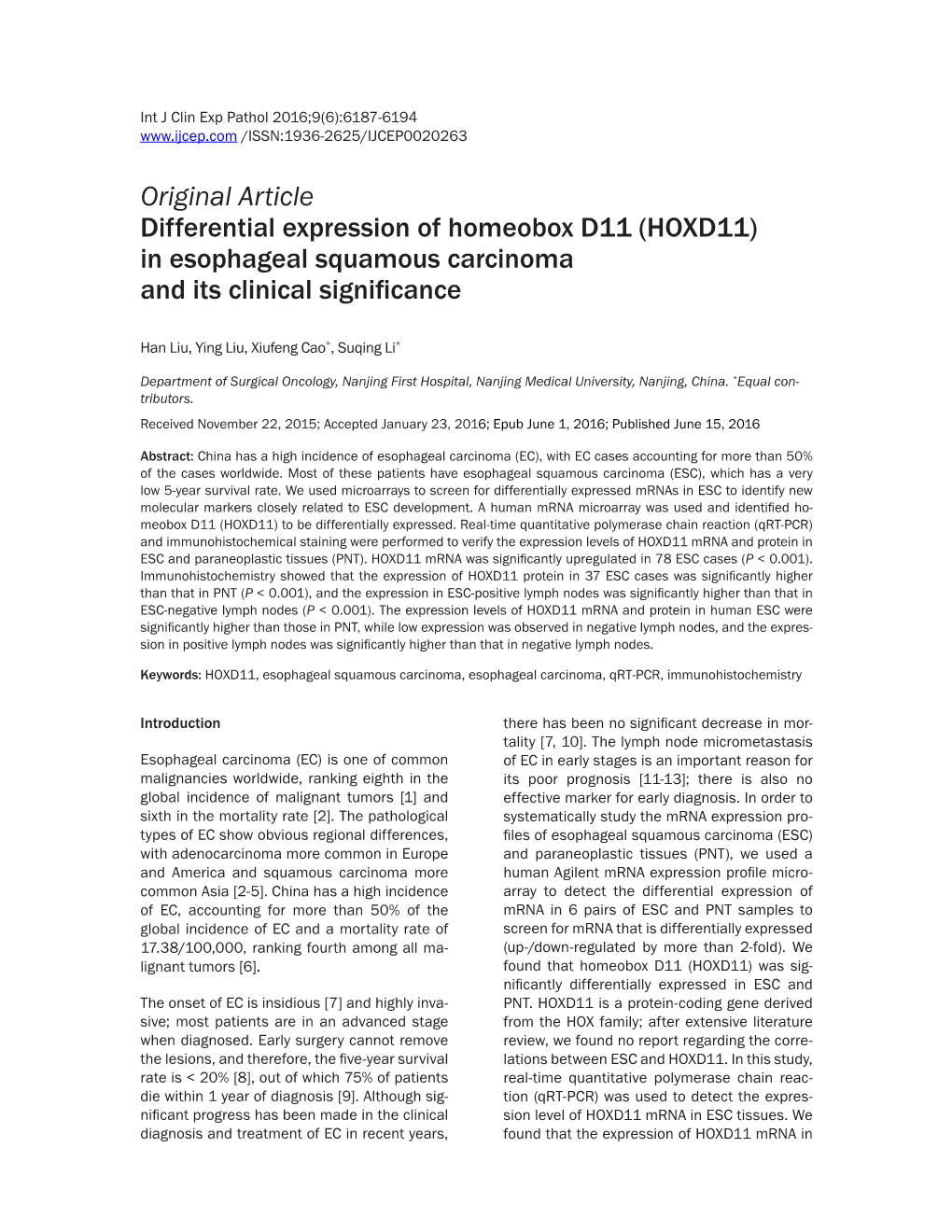 HOXD11) in Esophageal Squamous Carcinoma and Its Clinical Significance