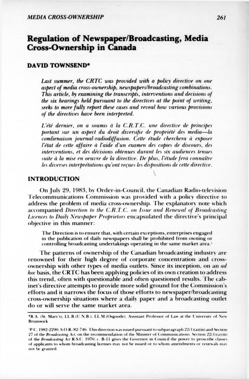 Regulation of Newspaper/Broadcasting, Media Cross-Ownership in Canada