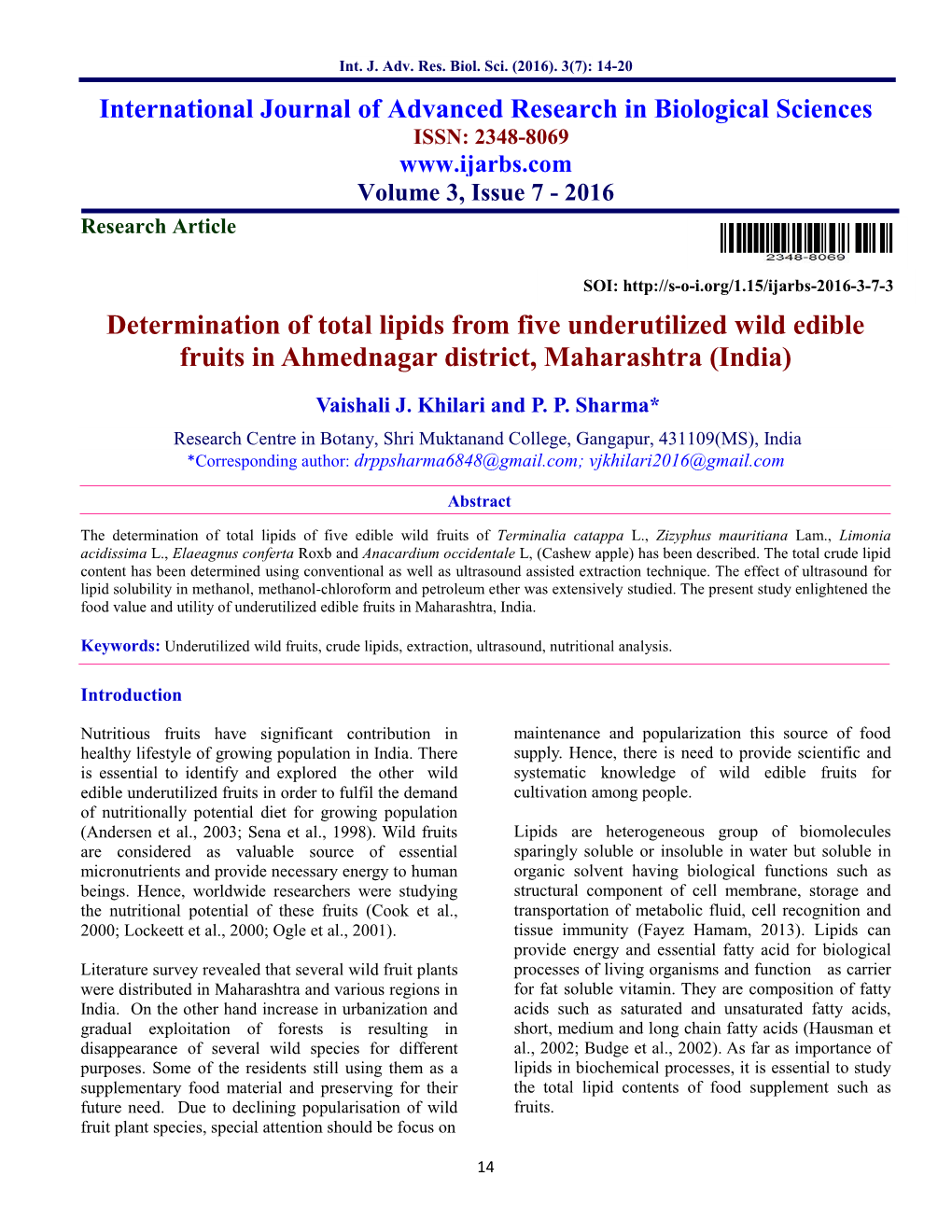 Determination of Total Lipids from Five Underutilized Wild Edible Fruits in Ahmednagar District, Maharashtra (India)