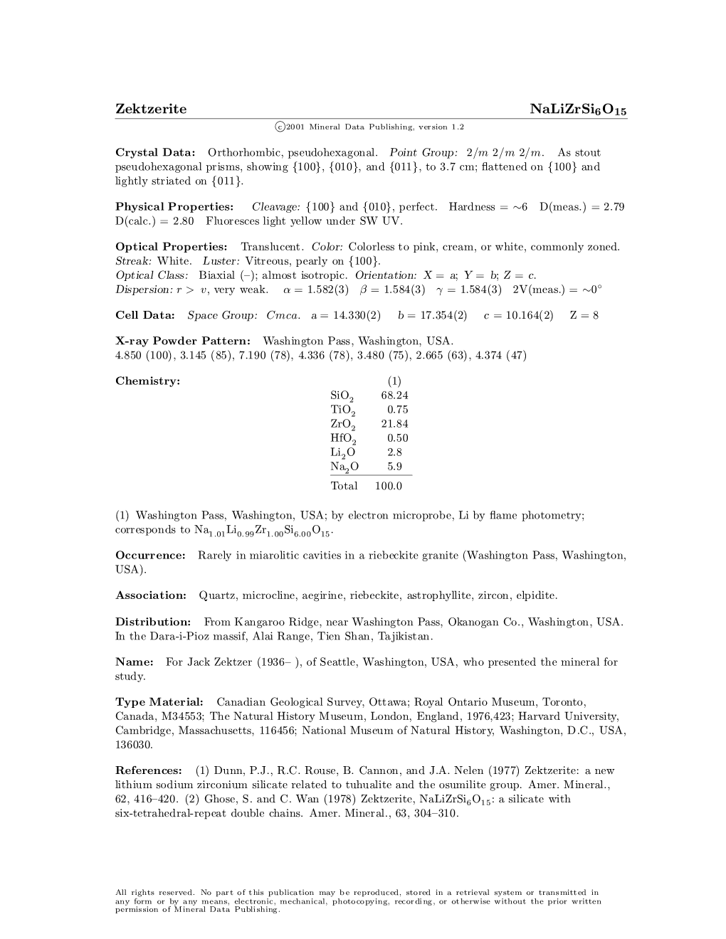 Zektzerite Nalizrsi6o15 C 2001 Mineral Data Publishing, Version 1.2 ° Crystal Data: Orthorhombic, Pseudohexagonal