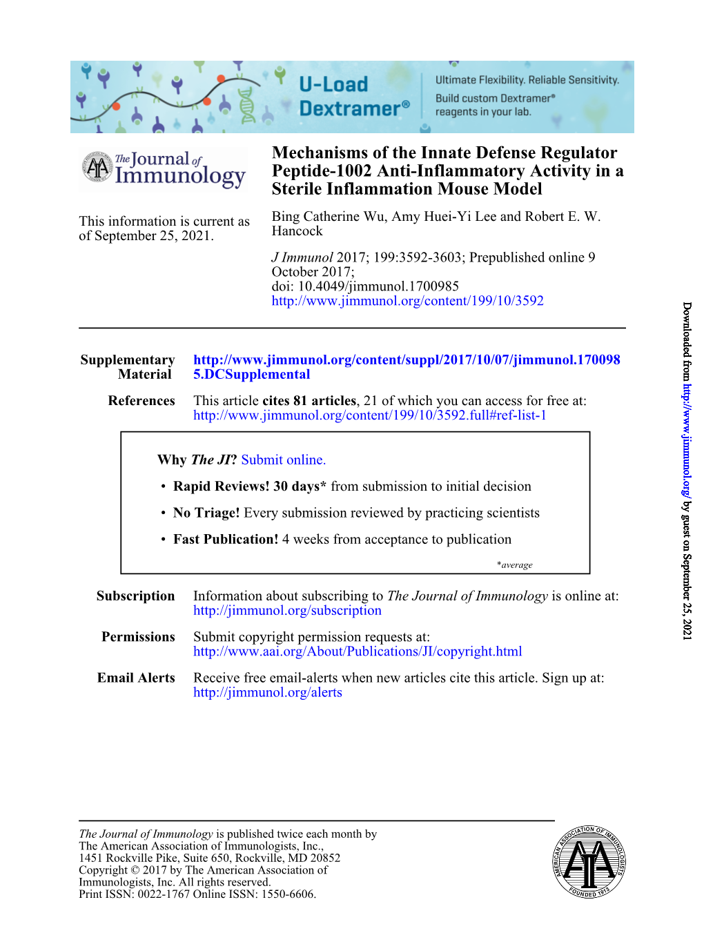 Mechanisms of the Innate Defense Regulator Peptide-1002 Anti-Inflammatory Activity in a Sterile Inflammation Mouse Model