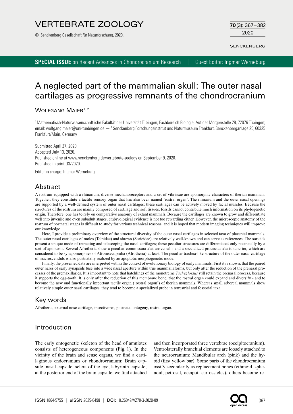 A Neglected Part of the Mammalian Skull: the Outer Nasal Cartilages As Progressive Remnants of the Chondrocranium