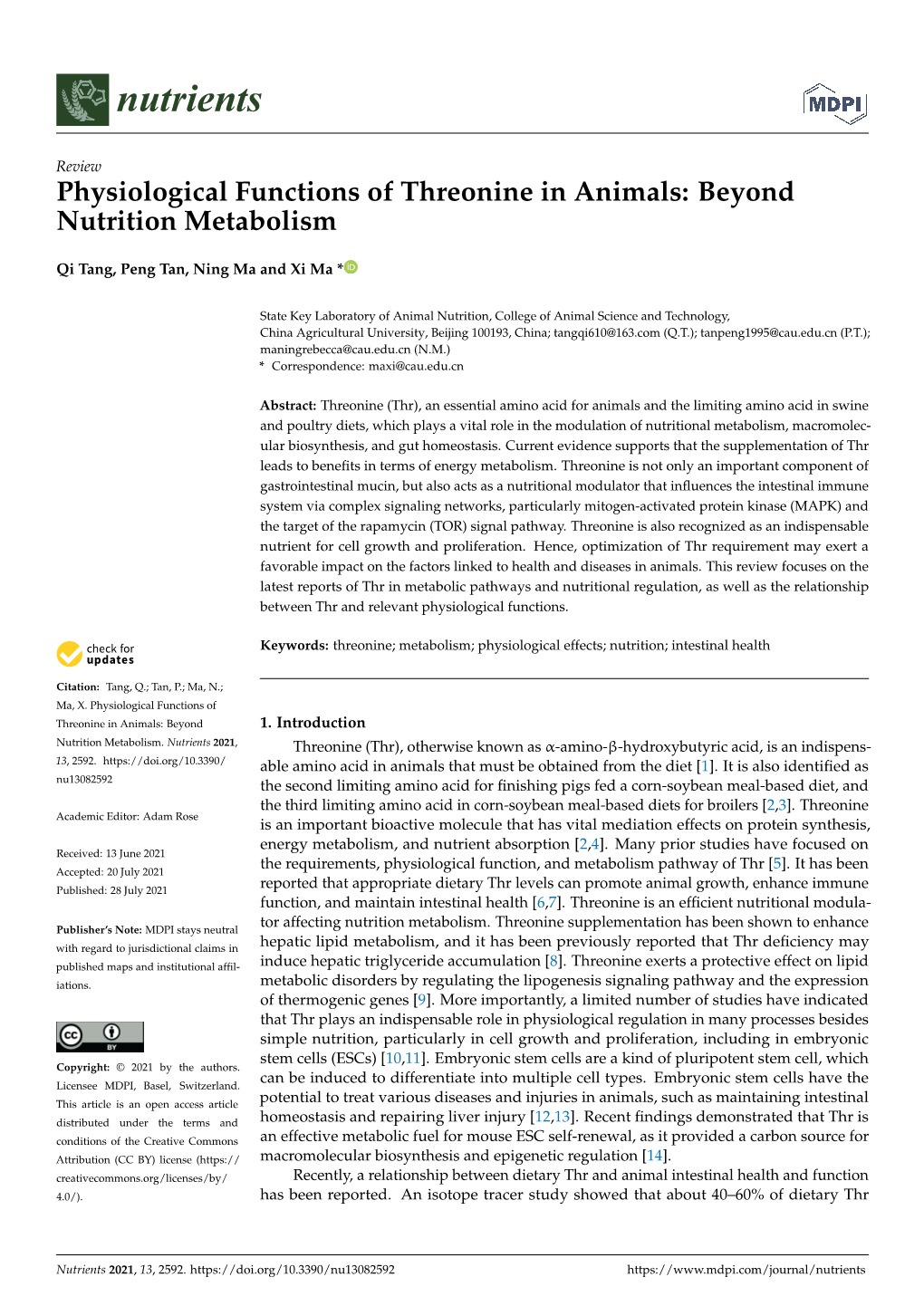 Physiological Functions of Threonine in Animals: Beyond Nutrition Metabolism