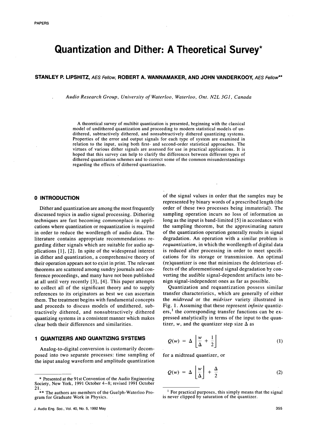 Quantization and Dither: a Theoretical Survey*