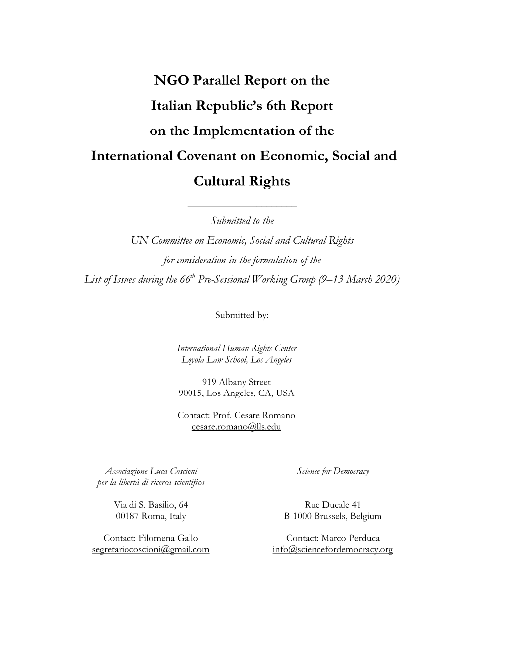 NGO Parallel Report on the Italian Republic's 6Th Report on The