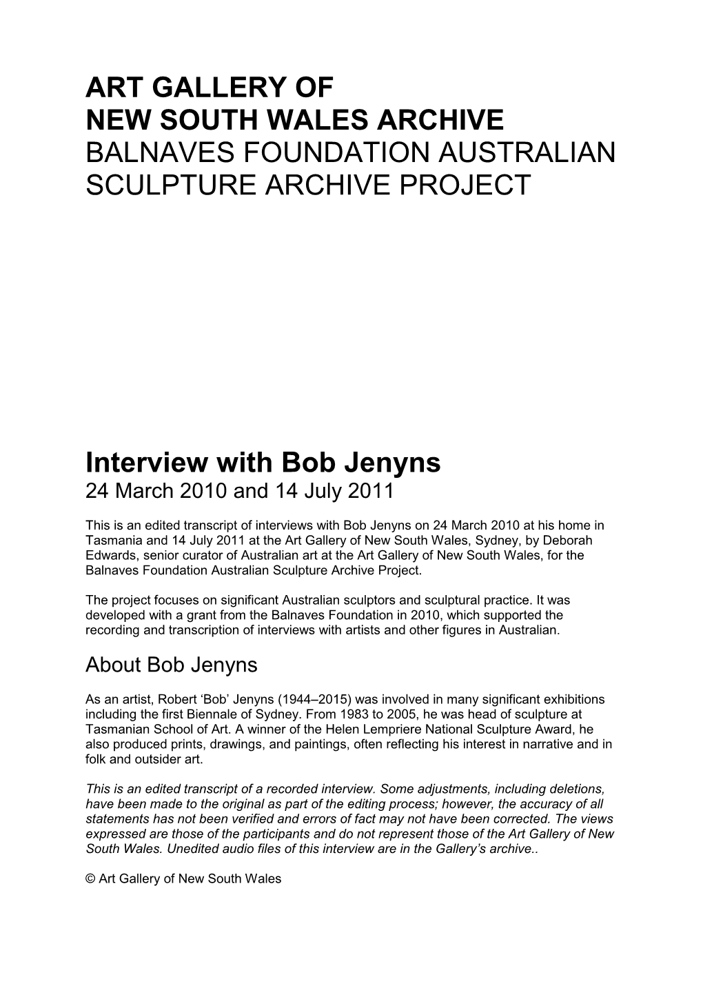 Interview with Bob Jenyns 24 March 2010 and 14 July 2011