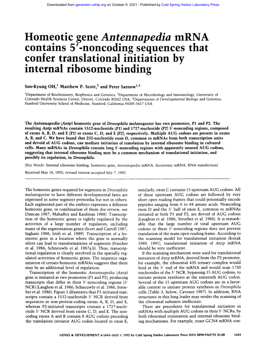 Homeotic Gene Antennapedia Mrna Contains 5'-Noncoding Sequences That Confer Translational Initiation by Internal Ribosome Binding