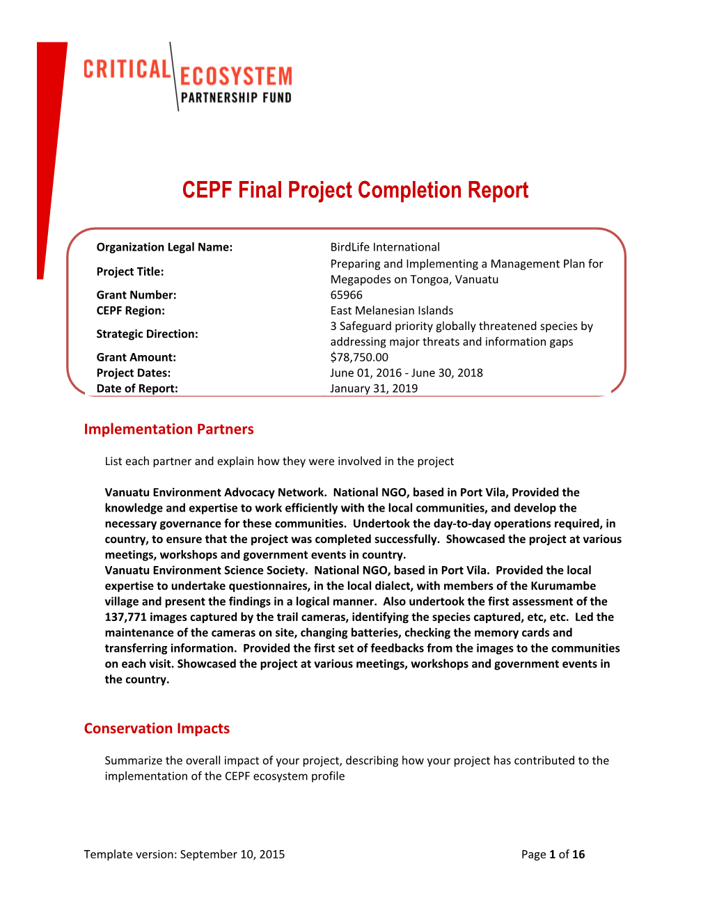 CEPF Final Project Completion Report