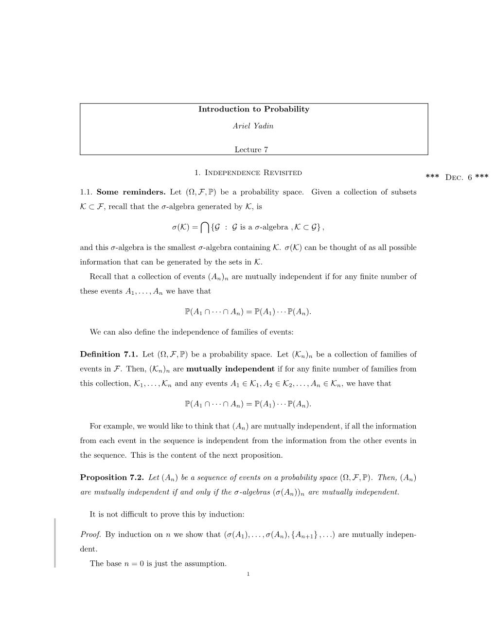 Introduction to Probability Ariel Yadin Lecture 7 1