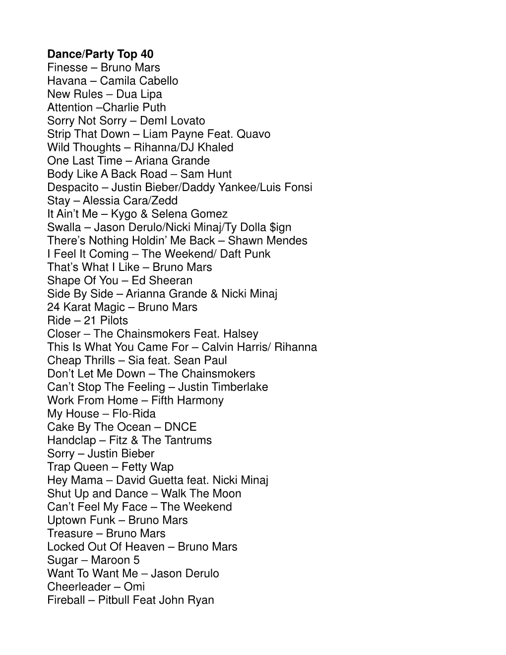 Bruno Mars Havana – Camila Cabello New Rules – Dua Lipa Attention –Charlie Puth Sorry Not Sorry – Demi Lovato Strip That Down – Liam Payne Feat