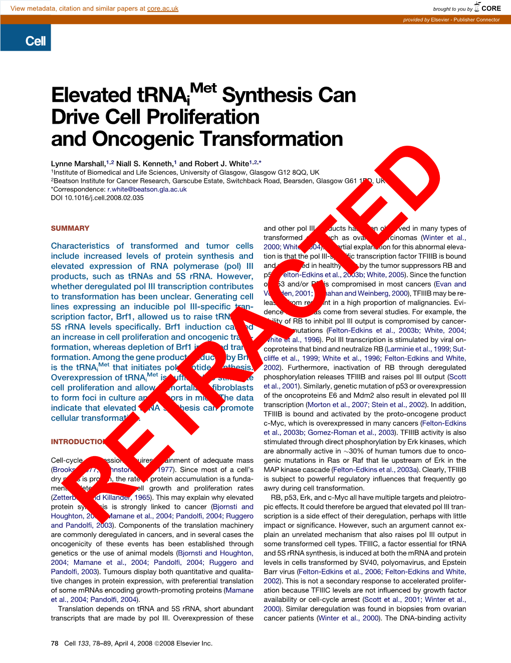 Elevated Trnai Synthesis Can Drive Cell Proliferation and Oncogenic Transformation