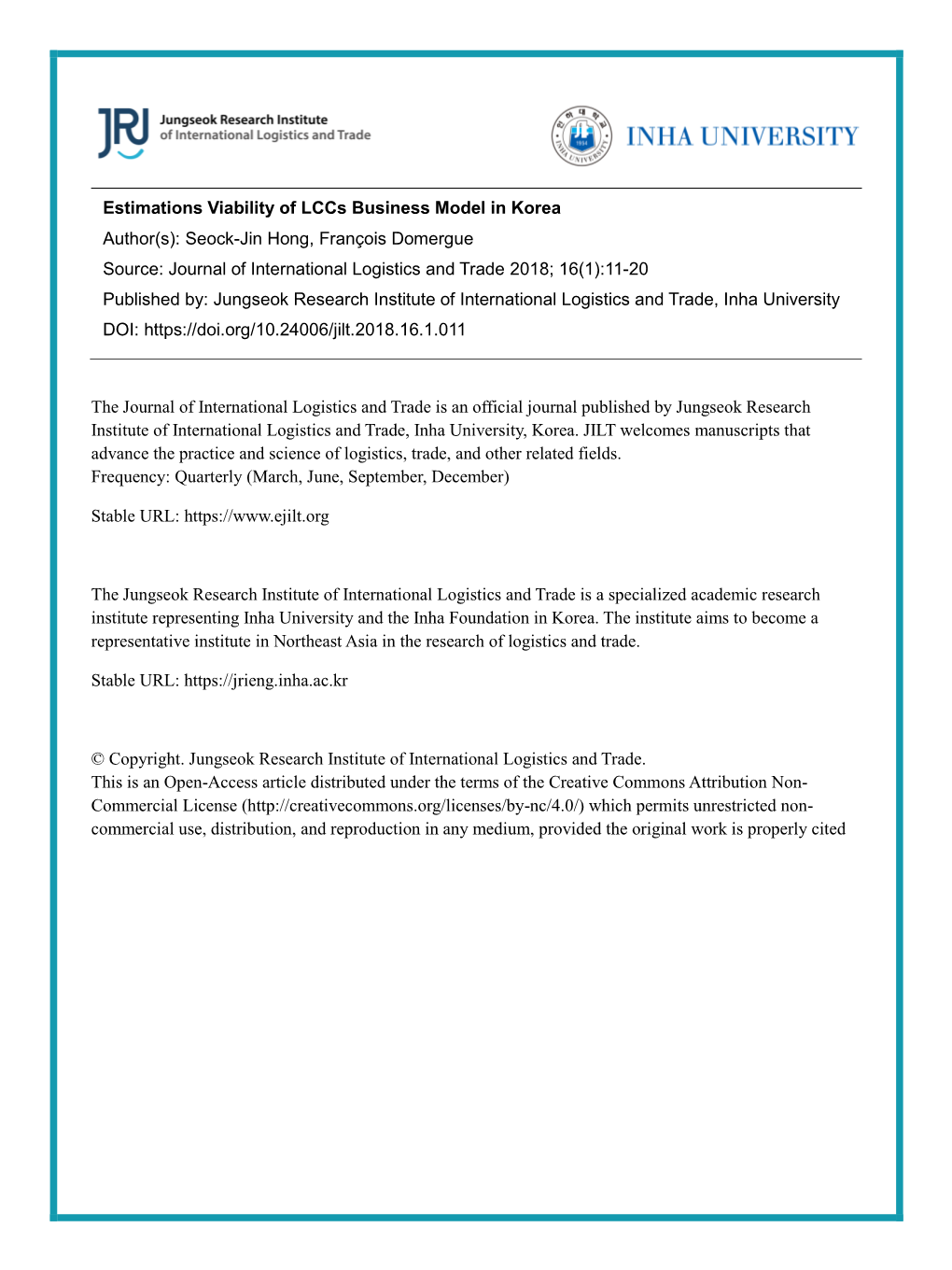 Estimations Viability of Lccs Business Model in Korea Author(S)