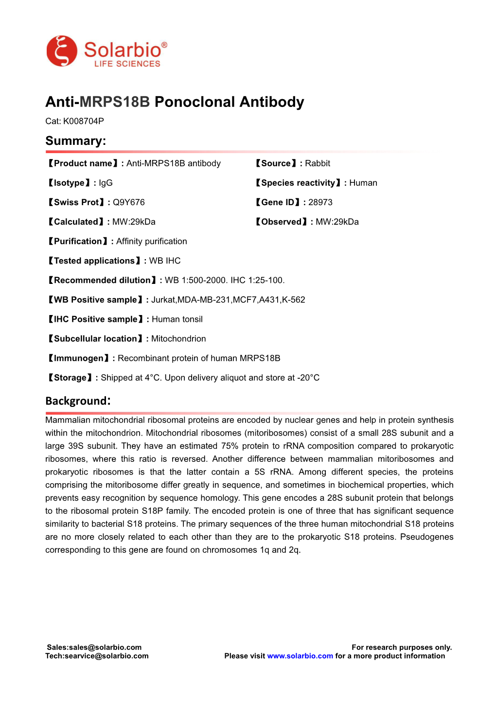 Anti-MRPS18B Ponoclonal Antibody Cat: K008704P Summary