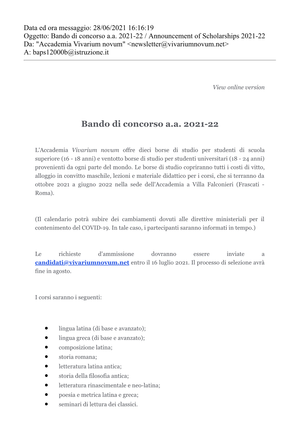 Bando Di Concorso A.A. 2021-22