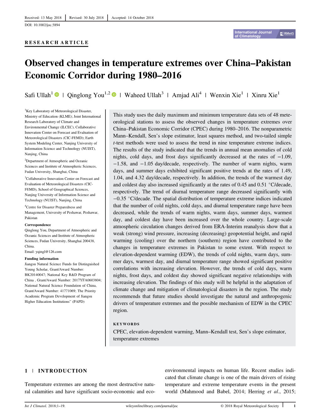 Observed Changes in Temperature Extremes Over China-Pakistan Economic Corridor During 1980-2016