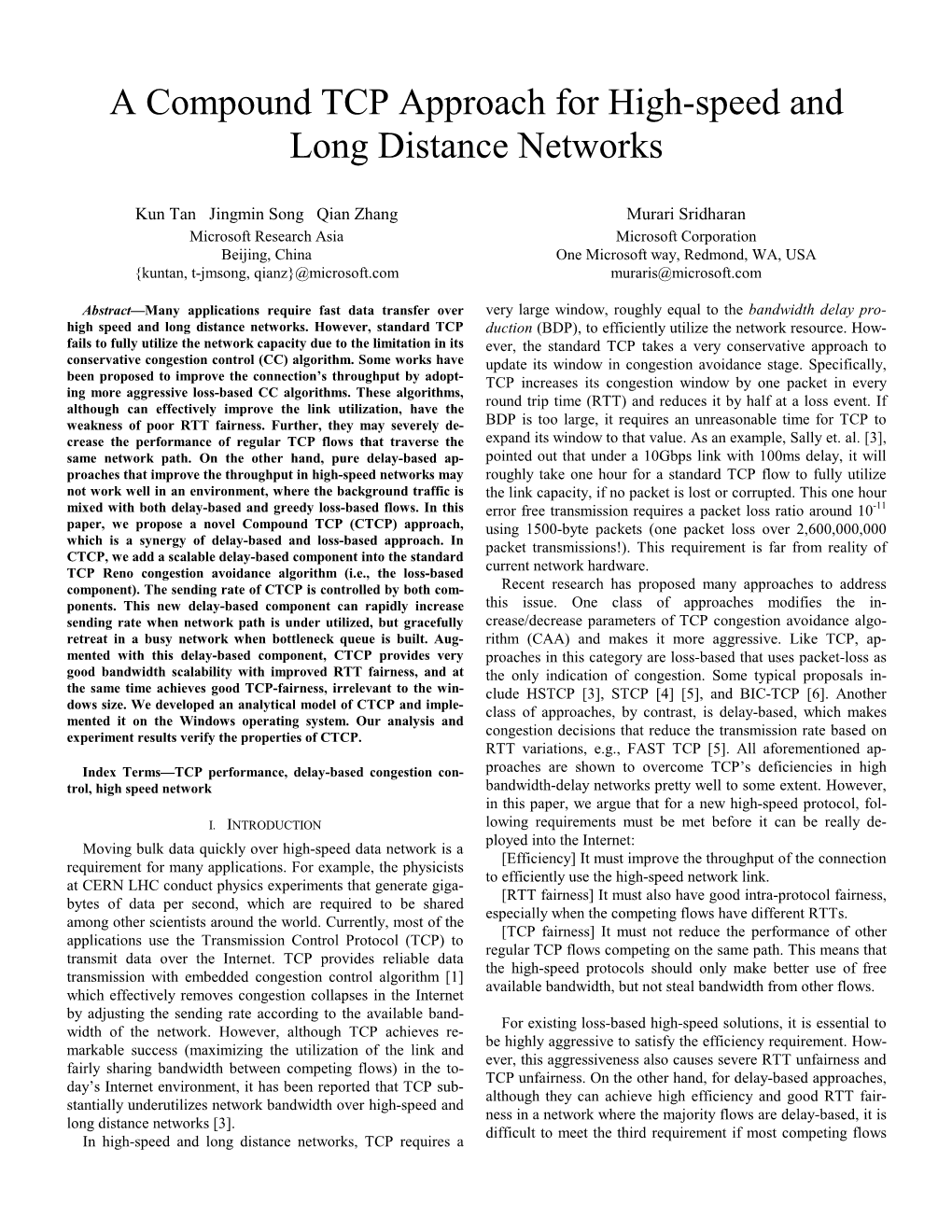 A Compound TCP Approach for High-Speed and Long Distance Networks