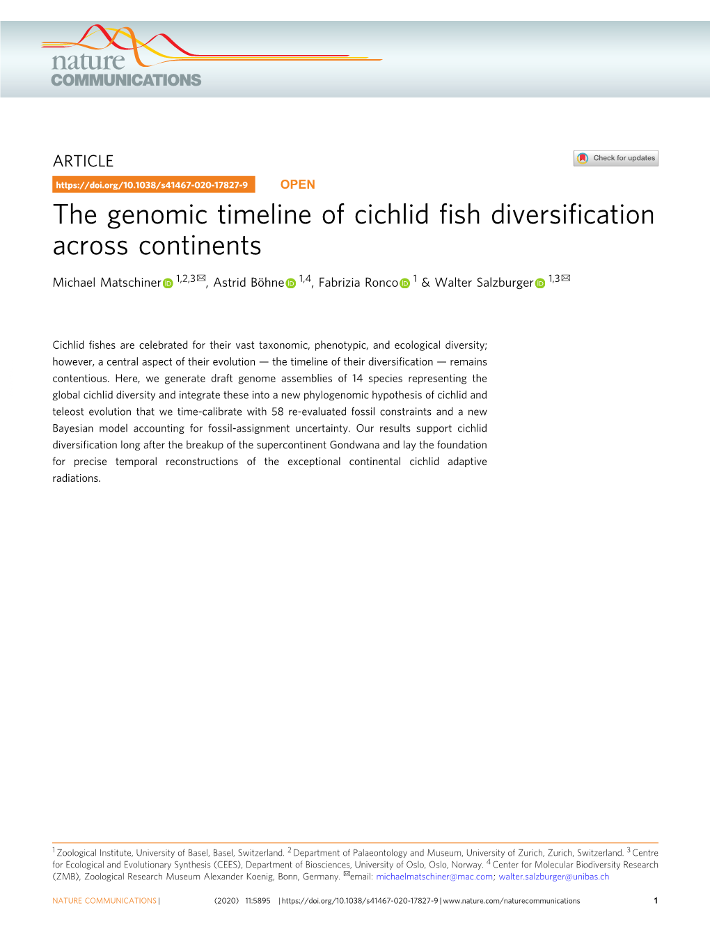 The Genomic Timeline of Cichlid Fish Diversification Across Continents