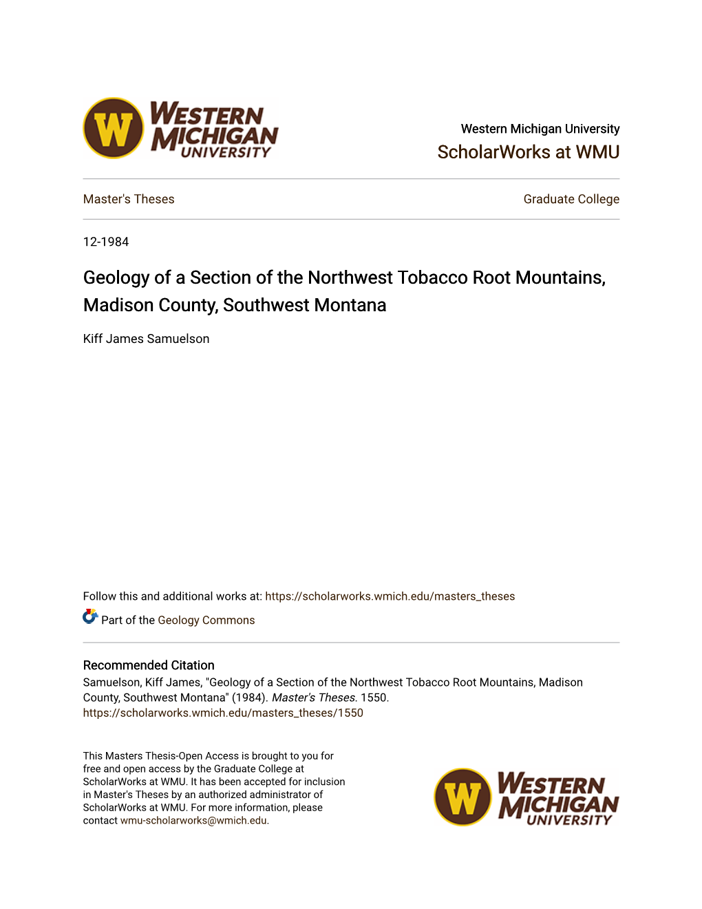 Geology of a Section of the Northwest Tobacco Root Mountains, Madison County, Southwest Montana