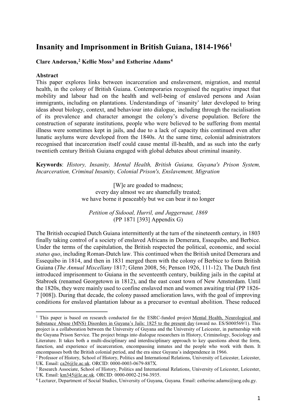 Insanity and Imprisonment in British Guiana, 1814-19661