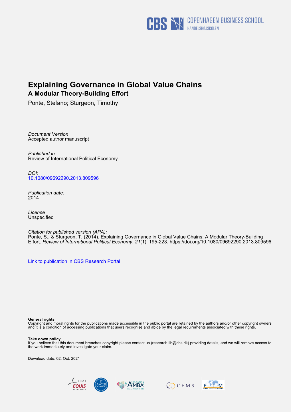 Explaining Governance in Global Value Chains a Modular Theory-Building Effort Ponte, Stefano; Sturgeon, Timothy