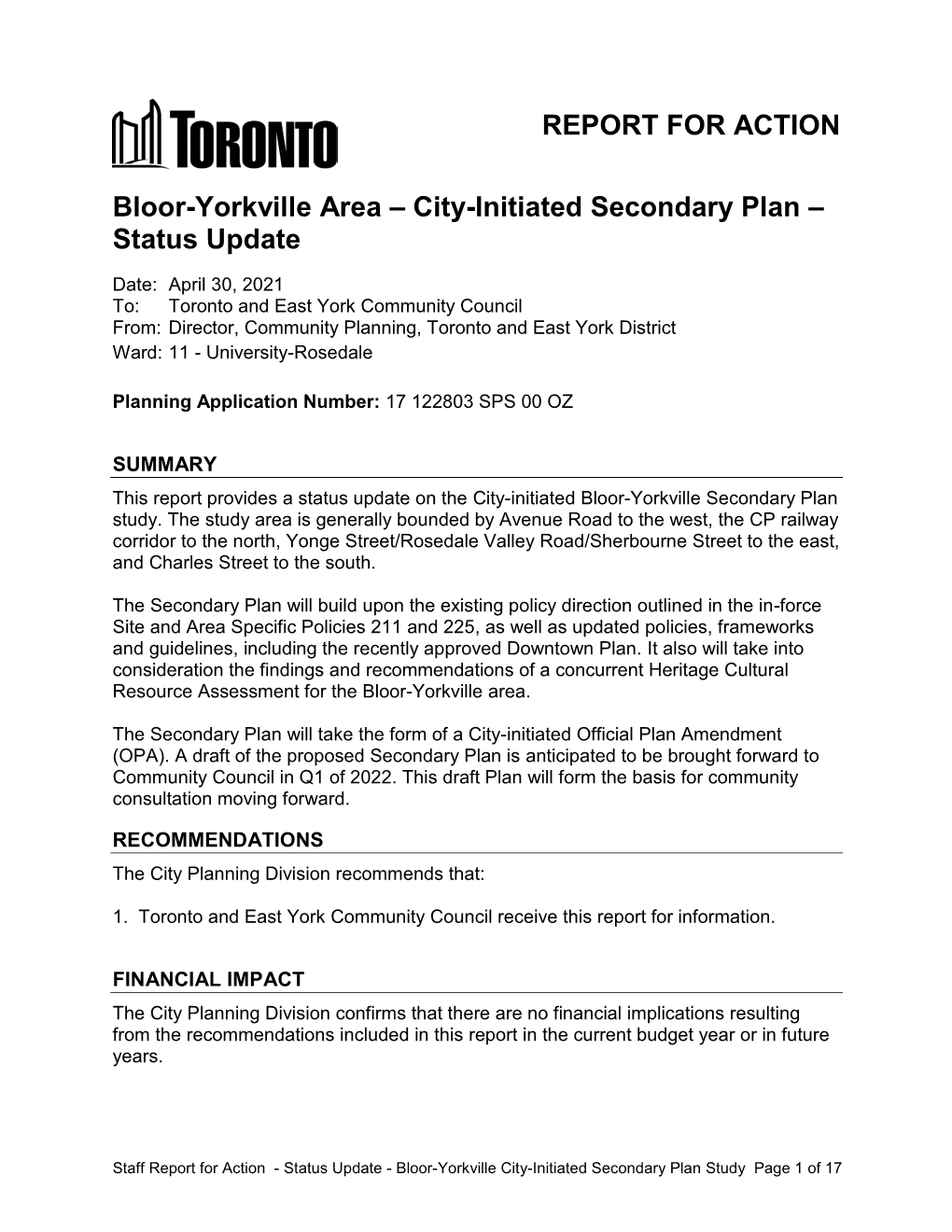 Bloor-Yorkville Area – City-Initiated Secondary Plan – Status Update