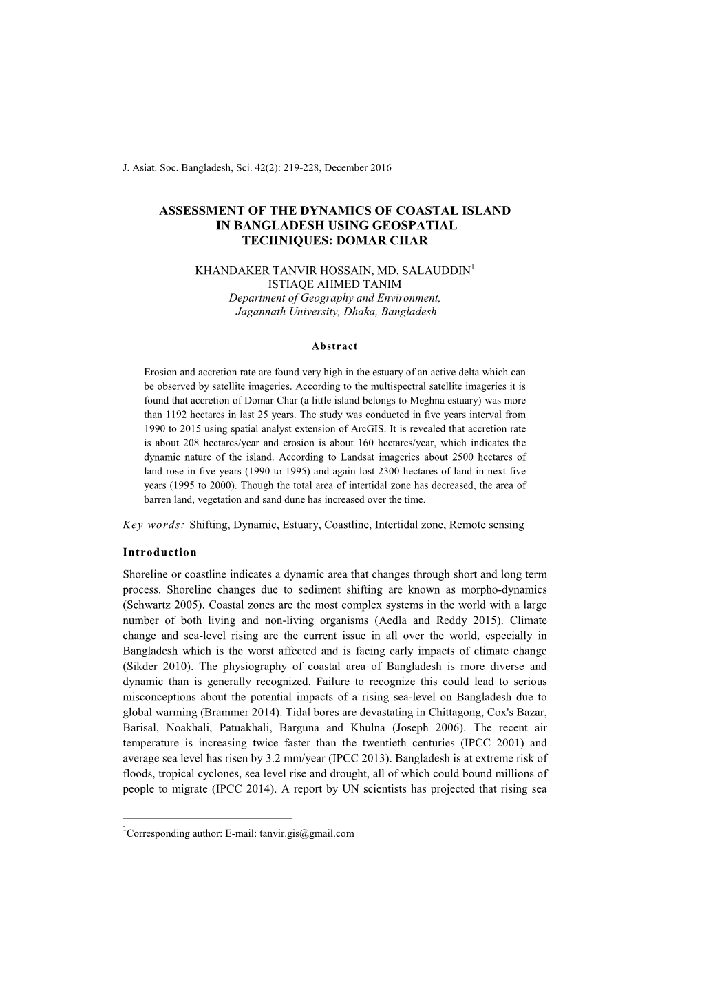 Assessment of the Dynamics of Coastal Island in Bangladesh Using Geospatial Techniques: Domar Char