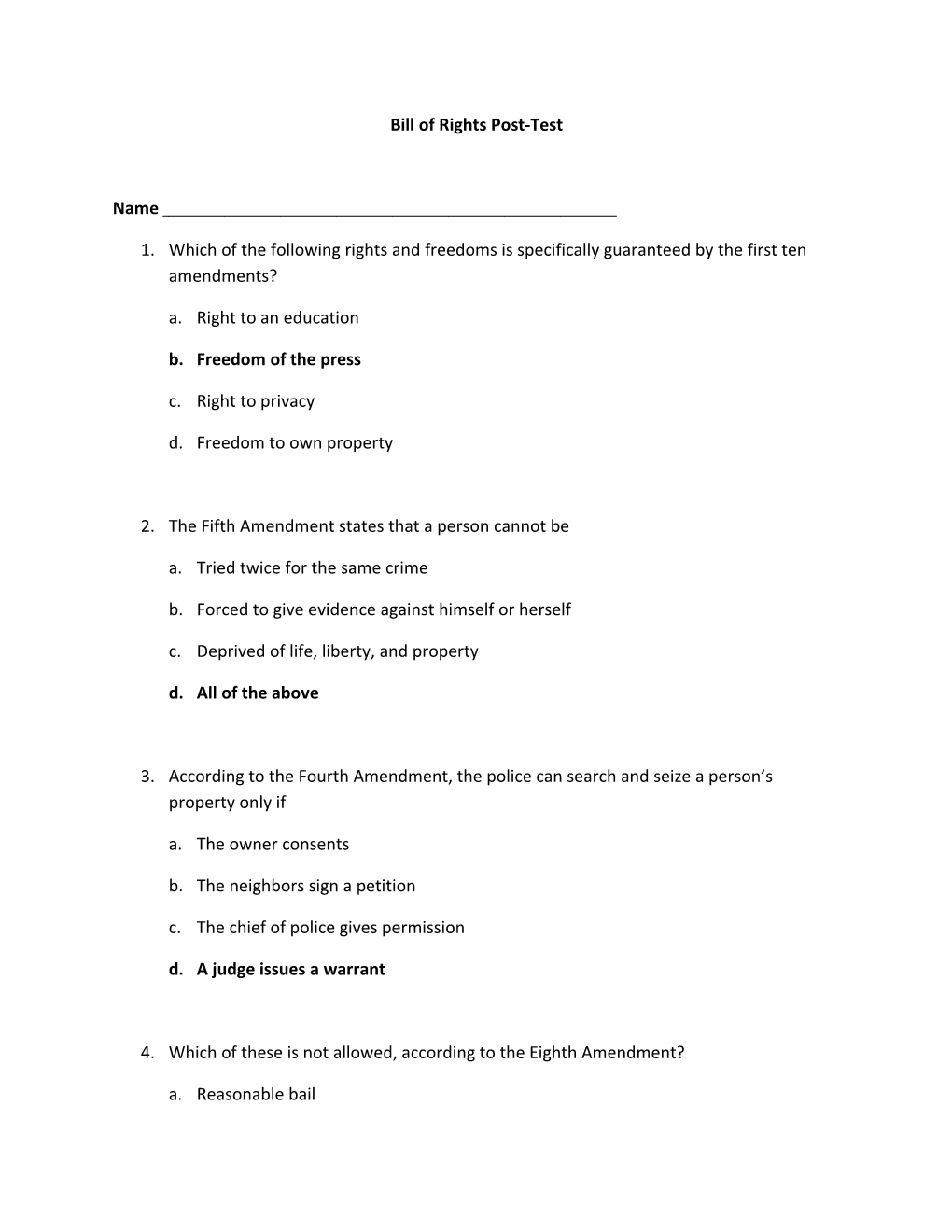 Bill of Rights Post-Test