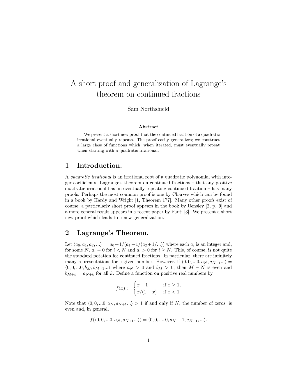 A Short Proof and Generalization of Lagrange's Theorem on Continued