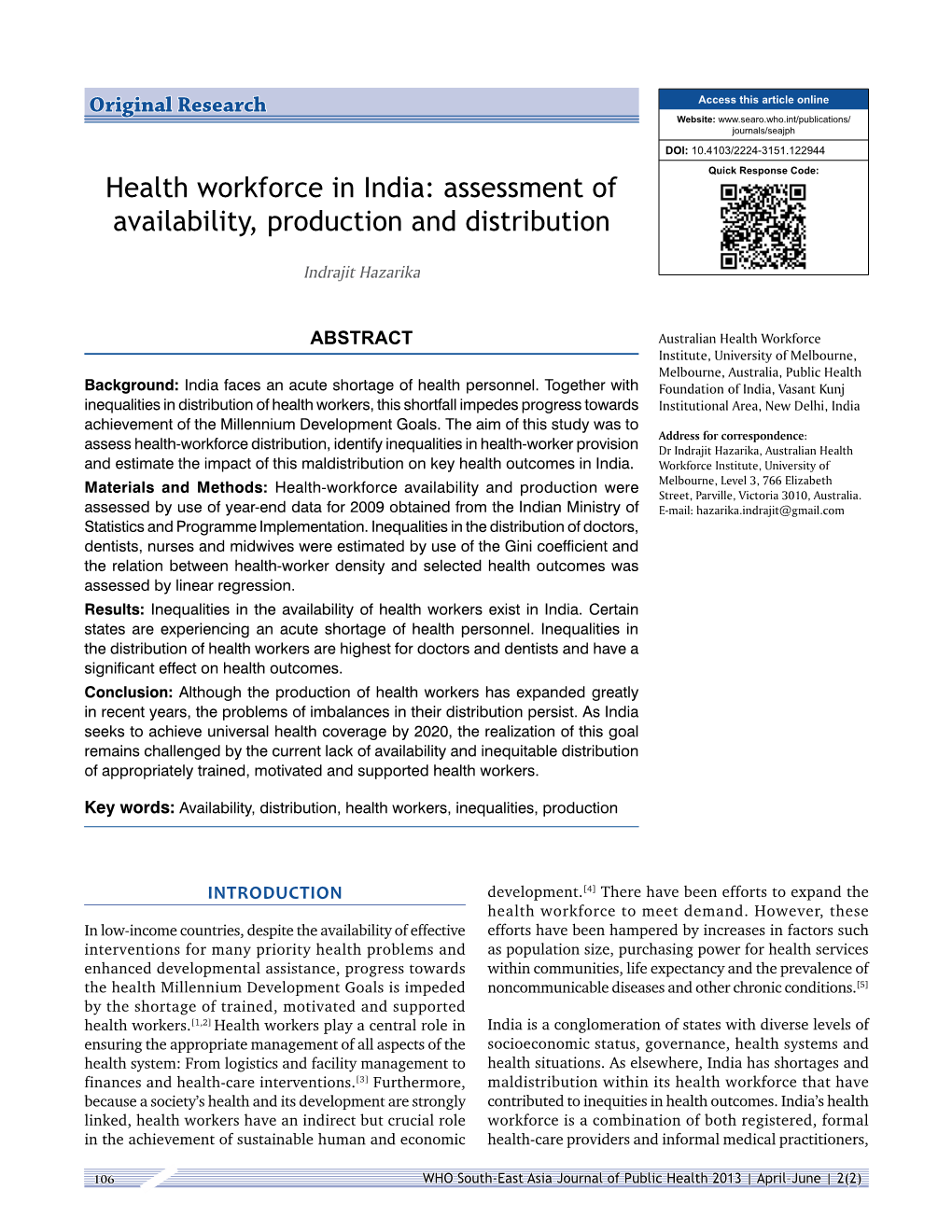 Health Workforce in India: Assessment of Availability, Production and Distribution