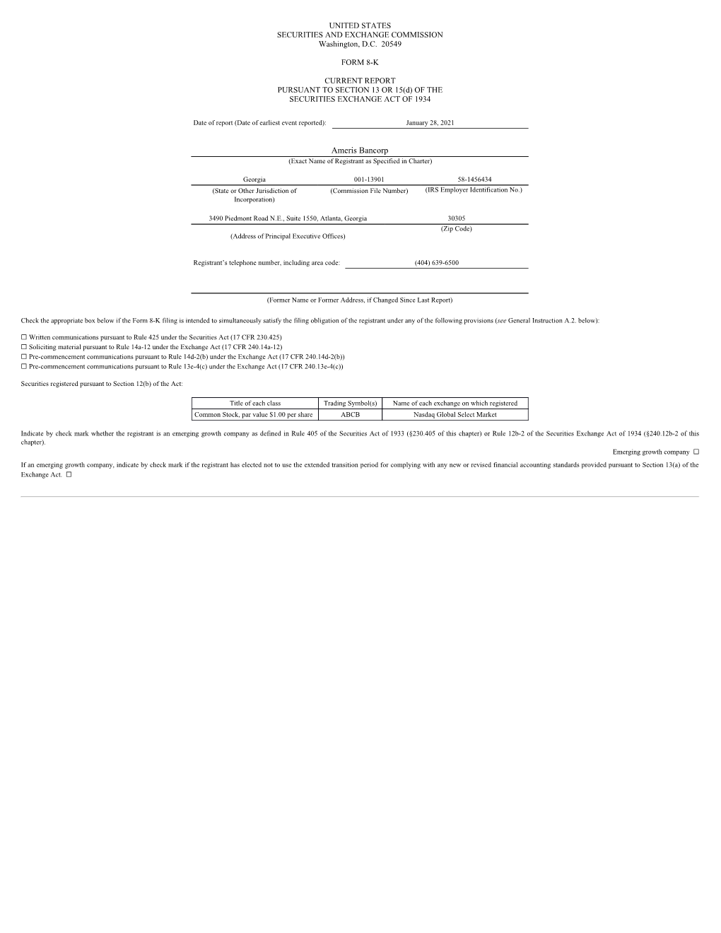 Ameris Bancorp (Exact Name of Registrant As Specified in Charter)