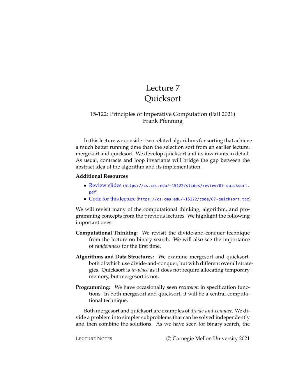 Lecture 7 Quicksort