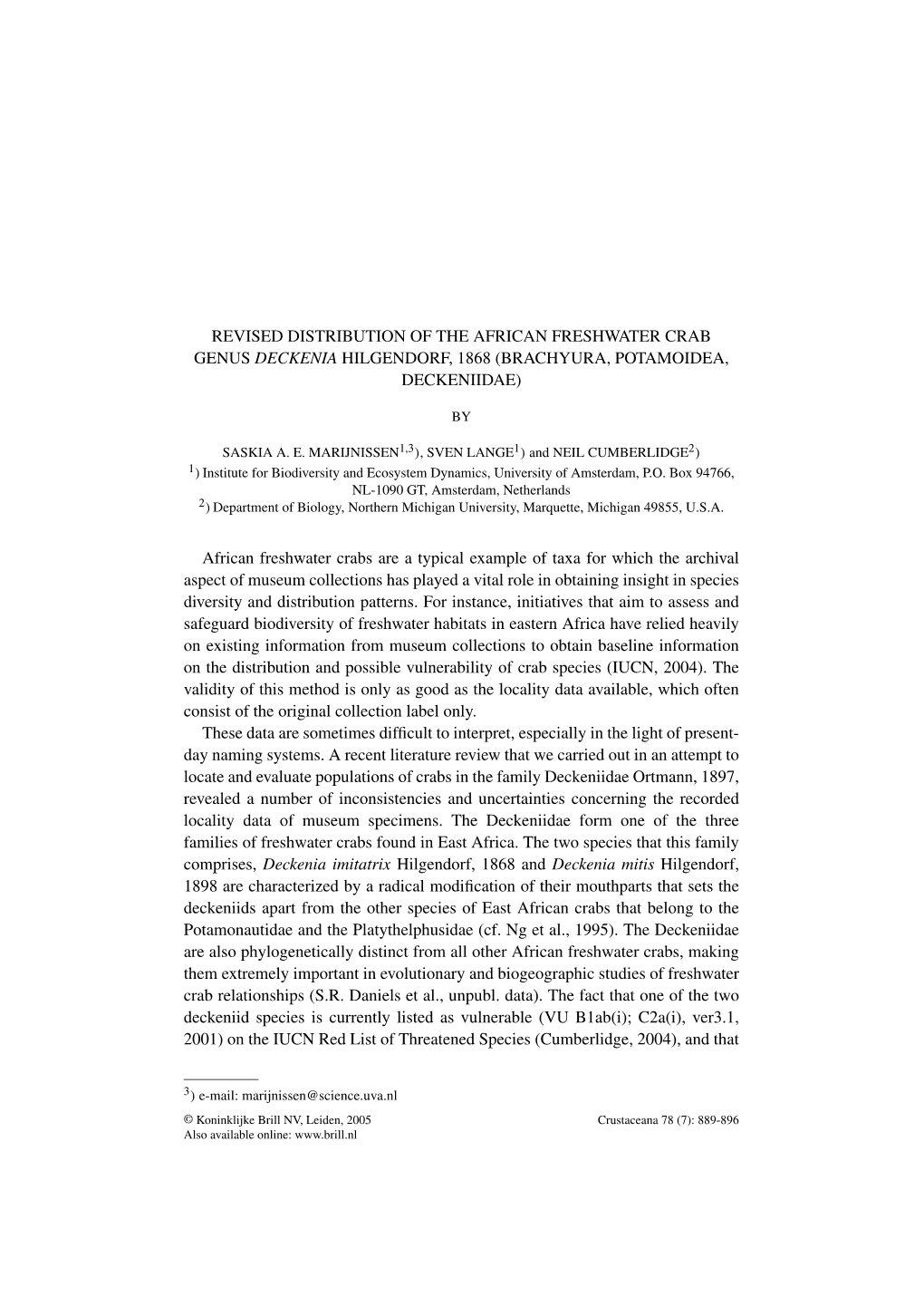 Revised Distribution of the African Freshwater Crab Genus Deckenia Hilgendorf, 1868 (Brachyura, Potamoidea, Deckeniidae)