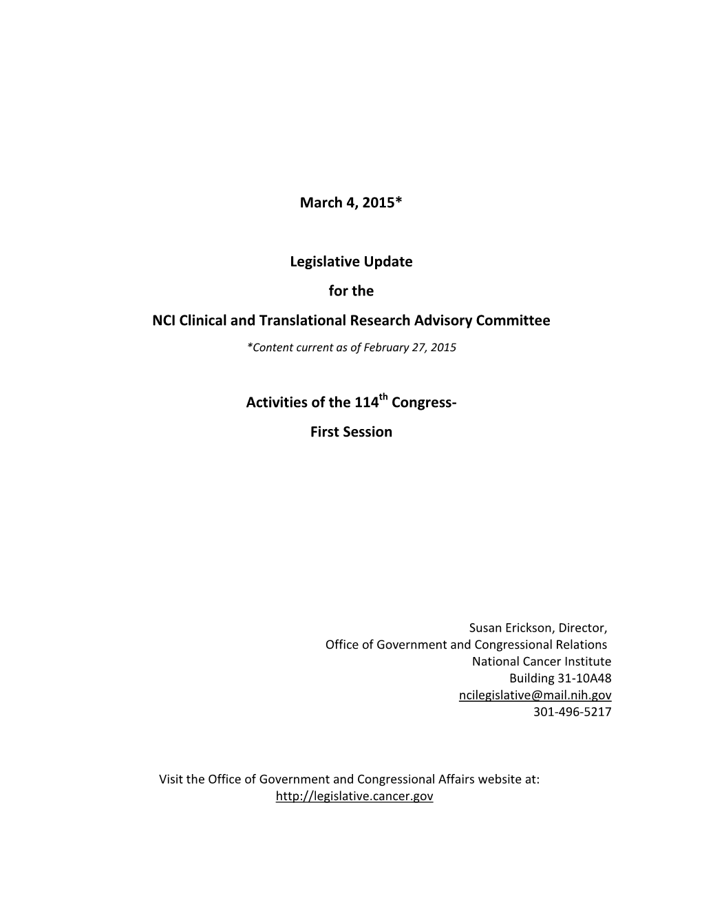 Legislative Update for the National Cancer Advisory Board