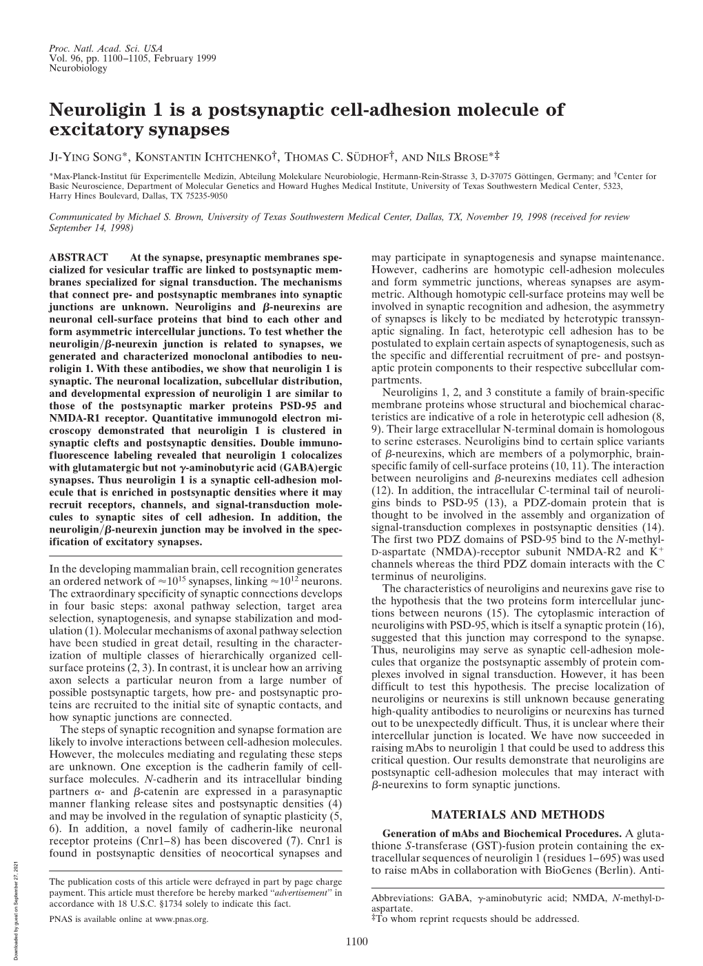 Neuroligin 1 Is a Postsynaptic Cell-Adhesion Molecule of Excitatory Synapses