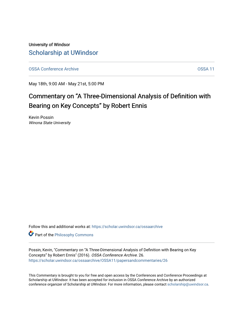 Commentary on “A Three-Dimensional Analysis of Definition with Bearing on Key Concepts” by Robert Ennis