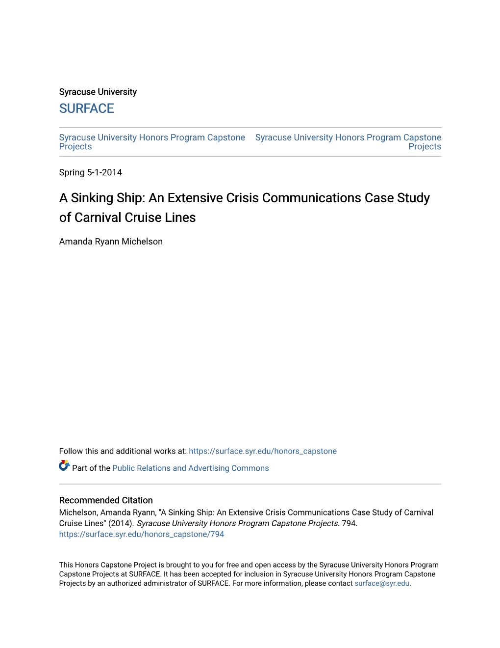 A Sinking Ship: an Extensive Crisis Communications Case Study of Carnival Cruise Lines