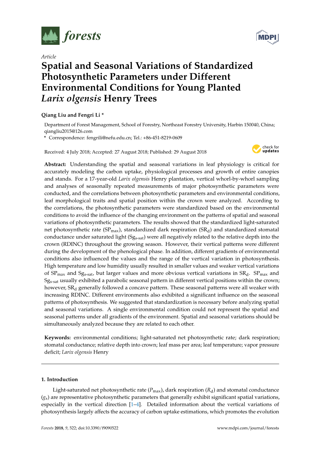 Spatial and Seasonal Variations of Standardized Photosynthetic Parameters Under Different Environmental Conditions for Young Planted Larix Olgensis Henry Trees