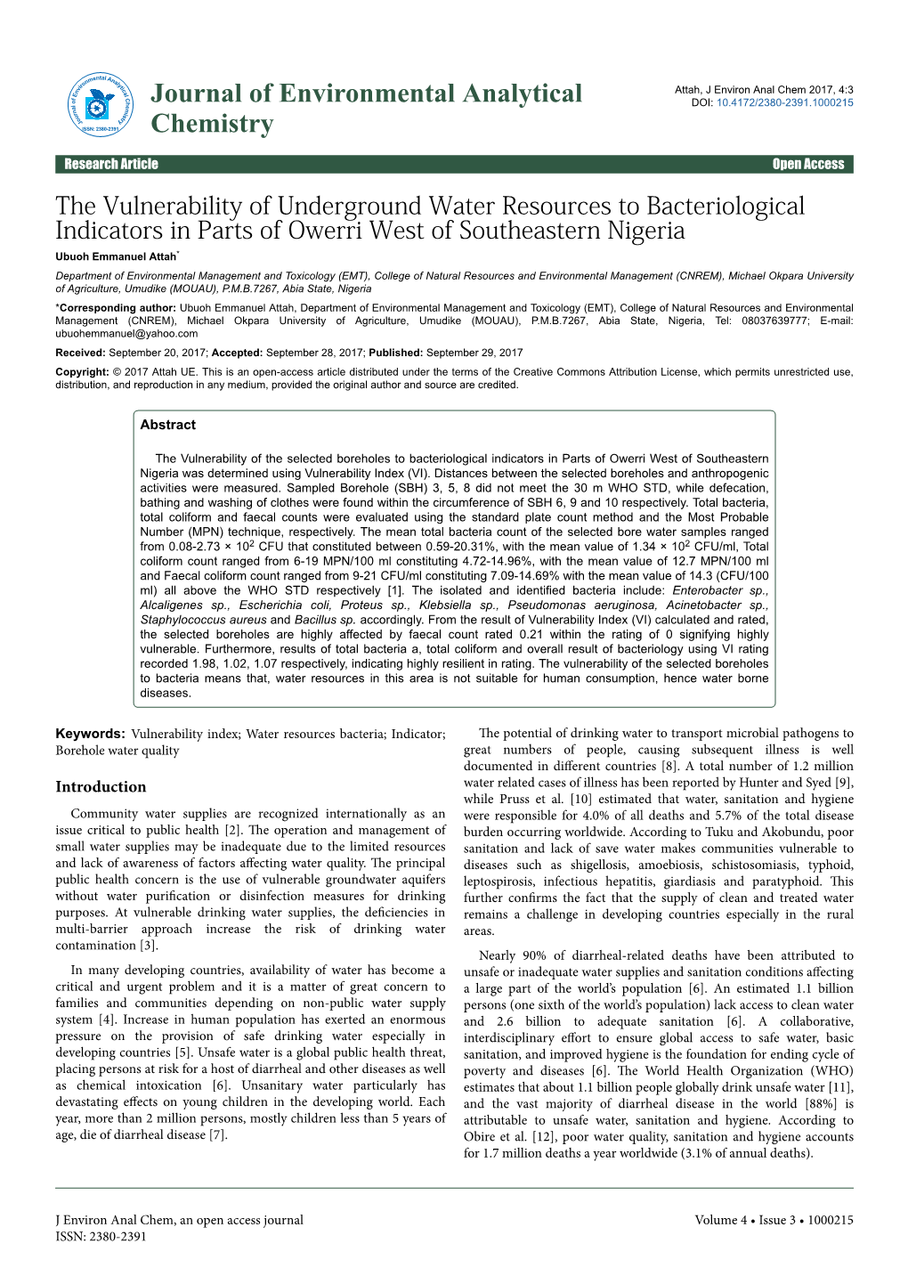 The Vulnerability of Underground Water Resources to Bacteriological