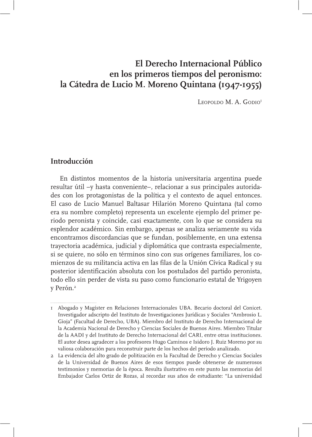 El Derecho Internacional Público En Los Primeros Tiempos Del Peronismo: La Cátedra De Lucio M