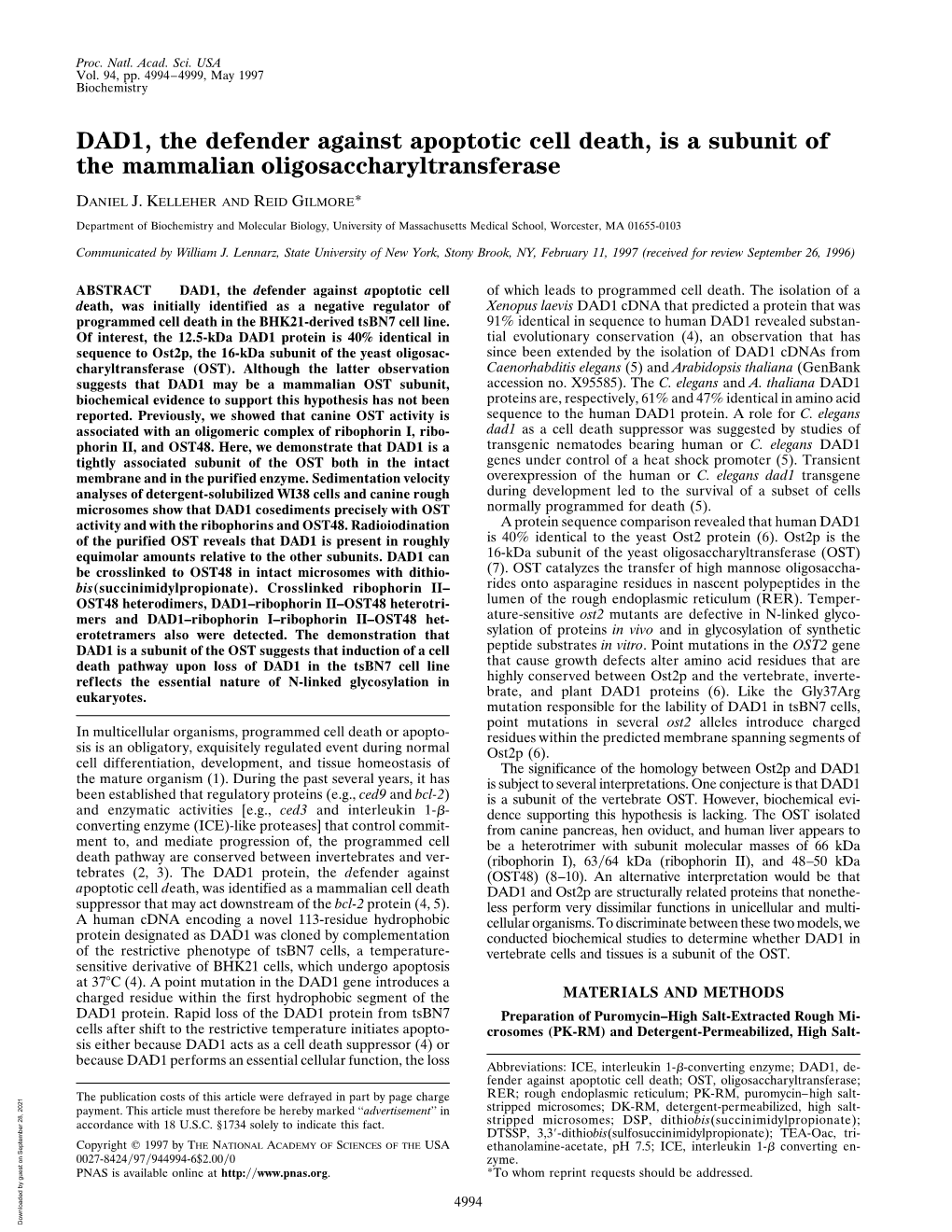 DAD1, the Defender Against Apoptotic Cell Death, Is a Subunit of the Mammalian Oligosaccharyltransferase