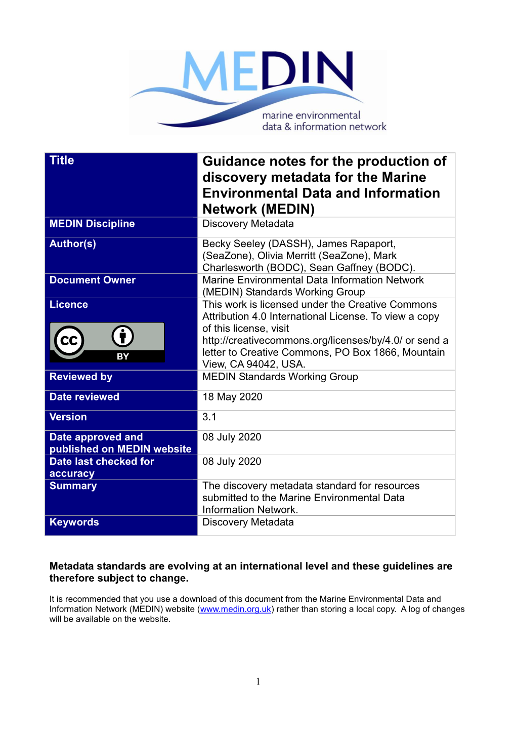 Guidance for the Production of MEDIN Metadata