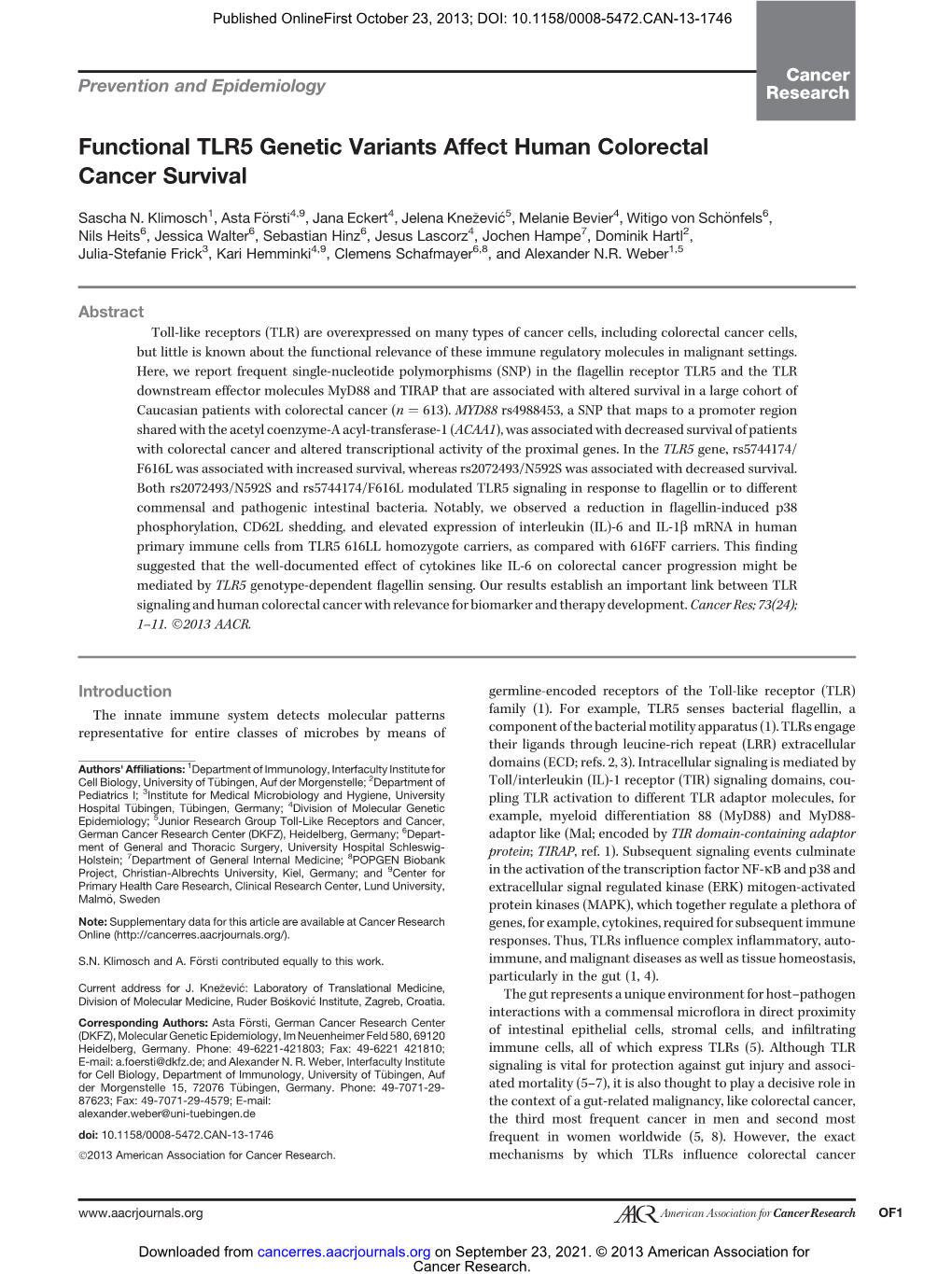 Functional TLR5 Genetic Variants Affect Human Colorectal Cancer Survival