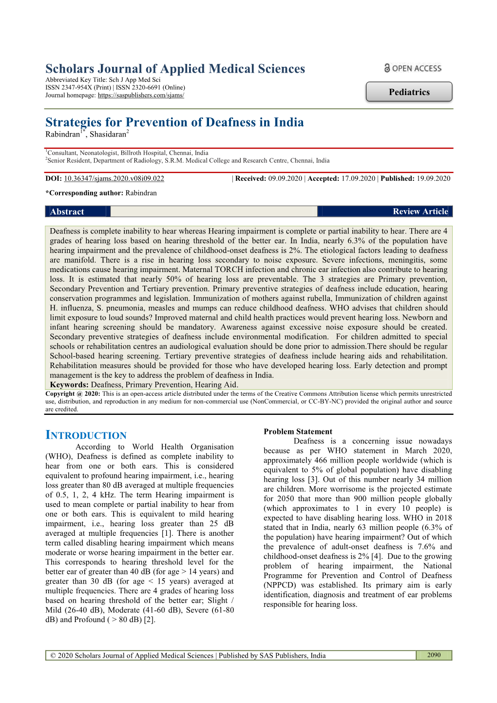 Strategies for Prevention of Deafness in India Rabindran1*, Shasidaran2