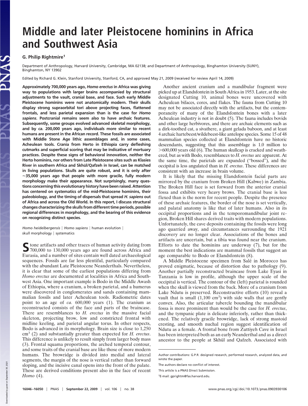 Middle and Later Pleistocene Hominins in Africa and Southwest Asia